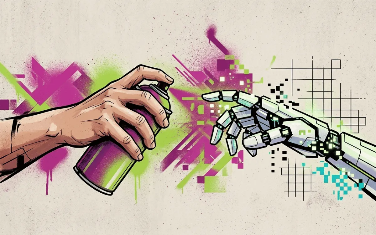 Urbane Illustration – menschliche Hand und digitale Hand erschaffen gemeinsam ein Werk