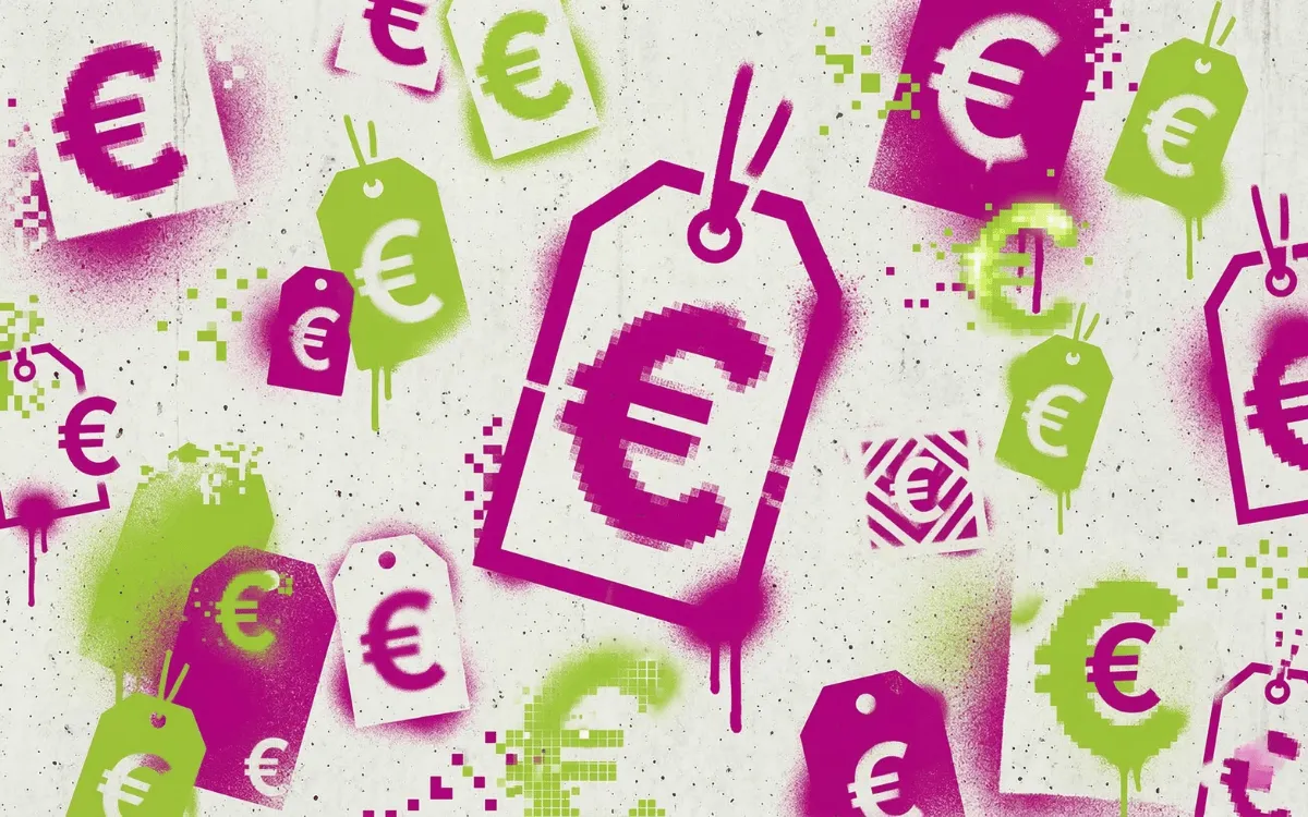 Urbane Illustration mit Preisschildern und Euro-Symbolen im Street-Art-Stil
