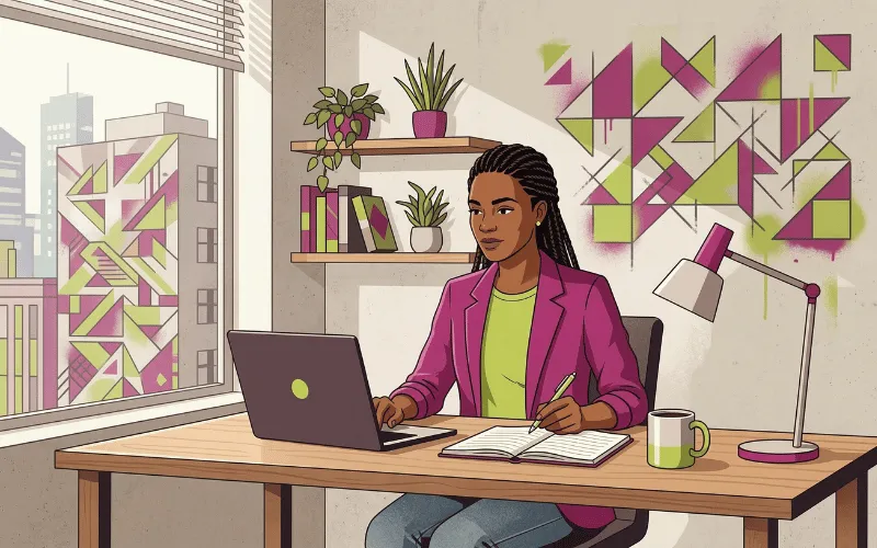 Urban-Stil-Illustration einer freiberuflich tätigen Person am Schreibtisch